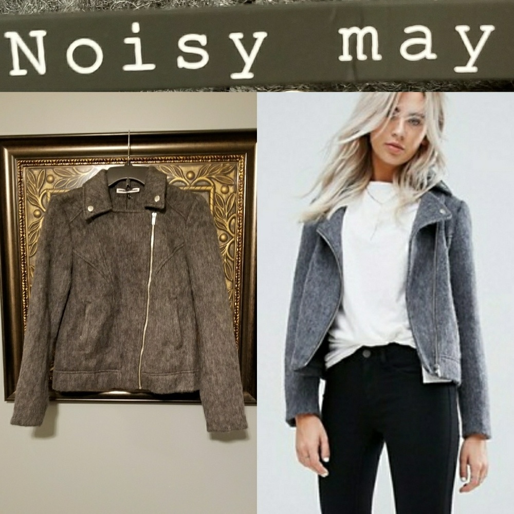 Petite Noisy May wool blend gray biker jacket NWT